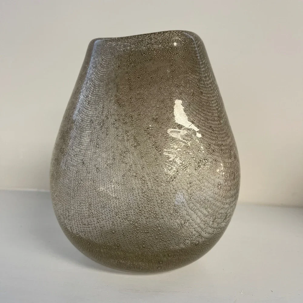 Anthropologie Art Glass Hand Blown Small Bubbles Candleholder 7 in Vase Taupe